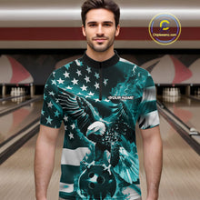 Load image into Gallery viewer, Custom Blue Flaming American Flag Eagle Bowling Team Men Shirt, Patriotic Bowlers Outfit IPHW10780