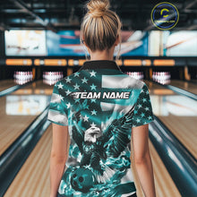 Load image into Gallery viewer, Custom Blue Flaming American Flag Eagle Bowling Women Shirt, Patriotic Bowlers Outfit IPHW10780