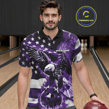 Load image into Gallery viewer, Custom Purple Flaming American Flag Eagle Bowling Team Men Shirt, Patriotic Bowlers Outfit IPHW10781