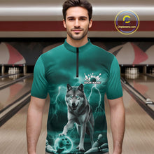 Load image into Gallery viewer, Custom Teal Blue Ligtning Wolf Bowling Team League Shirts For Men, Bowler Outfits IPHW10789