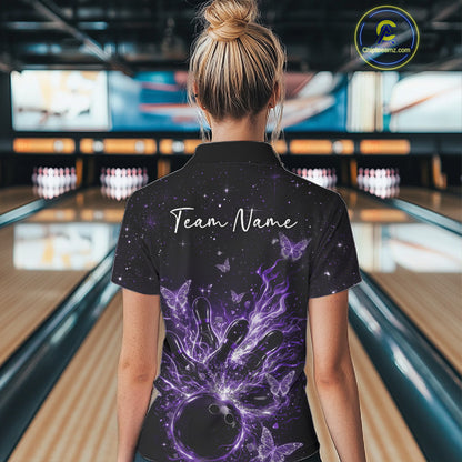 Back view of a female model in a black and purple quarter-zip shirt displaying glowing butterfly bowling graphics.