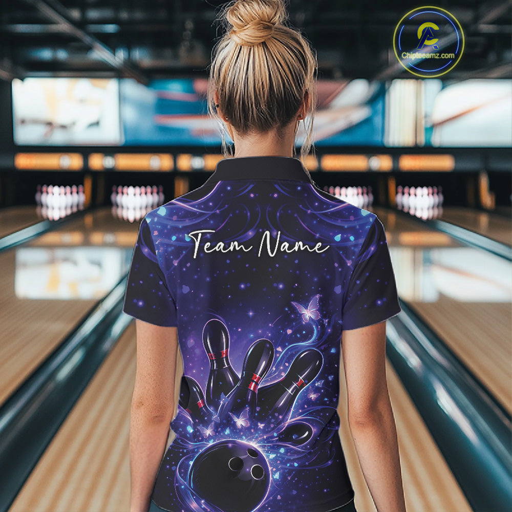 Back view of a female model in a blue and purple bowling quarter-zip shirt displaying butterfly-accented bowling artwork.