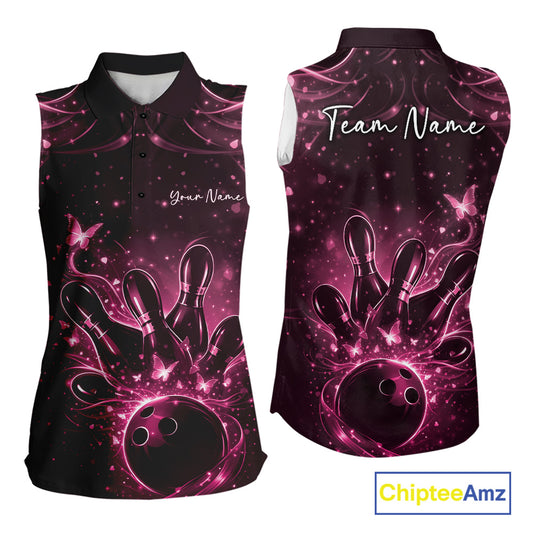 Front and back views of a womens sleeveless bowling shirt in black and pink with glowing butterflies surrounding a bowling ball and pins.