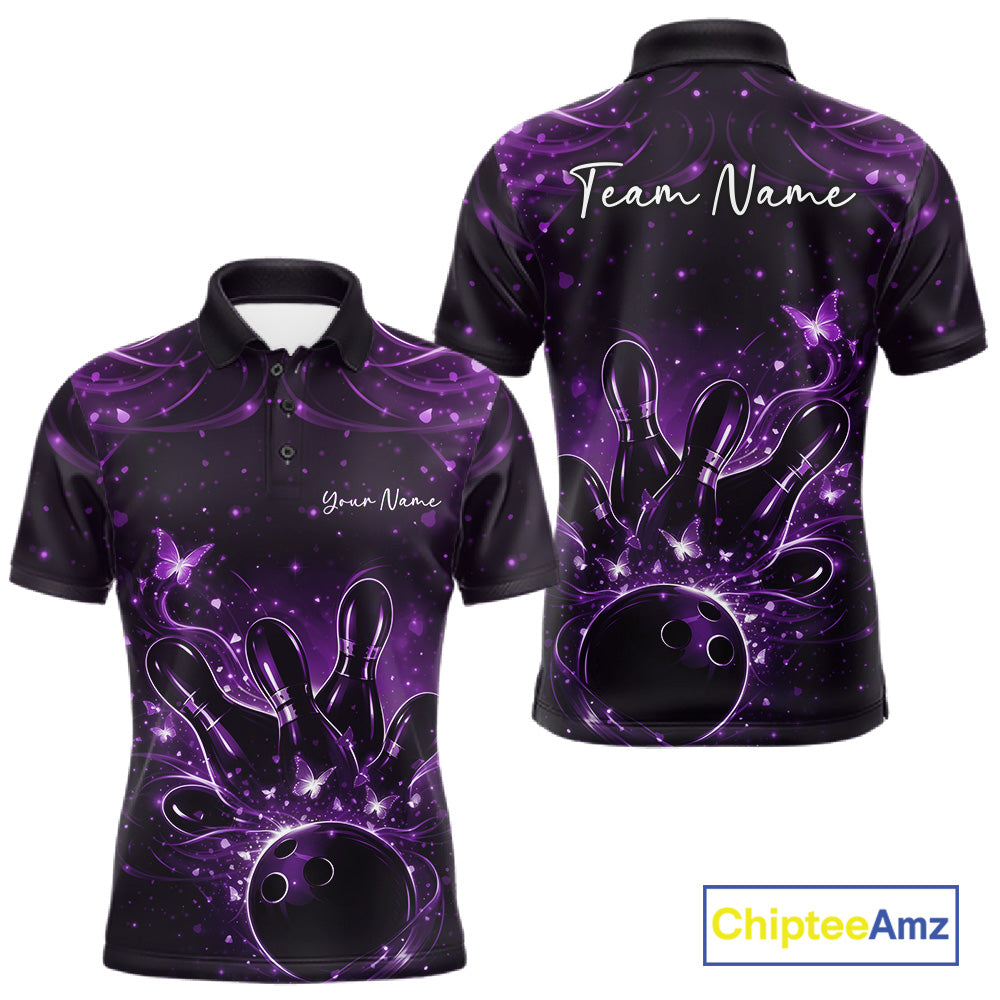 Front and back views of a black and purple mens bowling polo shirt with glowing butterflies around a bowling ball and pins.