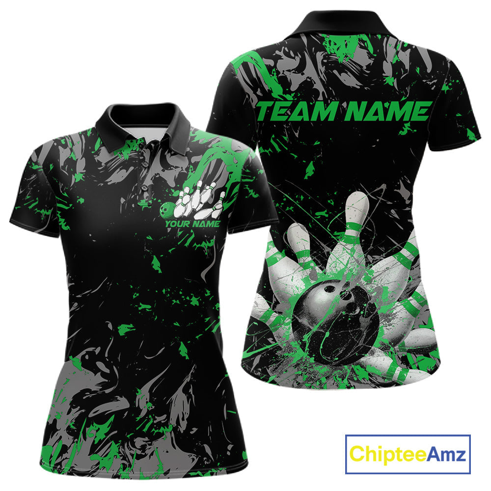 Custom Black And Green Splatter Camo Bowling Team Polo Shirts For Women IPHW10796
