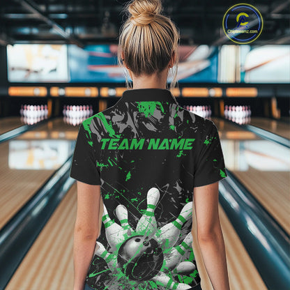 Custom Black And Green Splatter Camo Bowling Team Quarter-Zip Shirts For Women IPHW10796