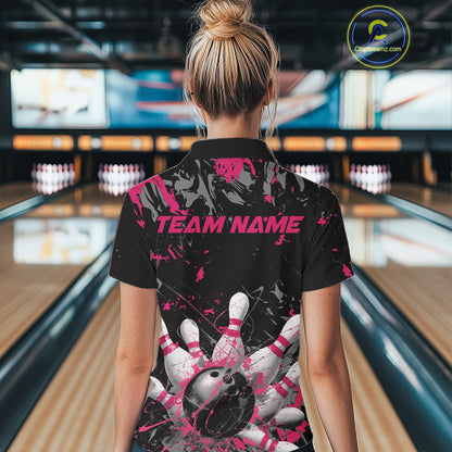 Custom Black And Pink Splatter Camo Bowling Team Quarter-Zip Shirts For Women IPHW10797