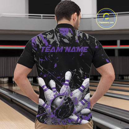 Custom Black And Purple Splatter Camo Bowling Team Quarter-Zip Shirts For Men IPHW10798