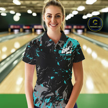 Load image into Gallery viewer, Custom Black And Turquoise Blue Splatter Camo Bowling Team Polo Shirts For Women IPHW10799