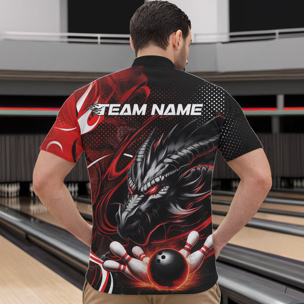 Custom Black And Red Flame Dragon Bowling Jerseys, Dragon Bowling Team Men Quarter-Zip Shirts IPHW8919