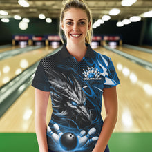 Load image into Gallery viewer, Custom Black And Blue Flame Dragon Bowling Jerseys, Dragon Bowling Team Women Polo Shirts IPHW8920