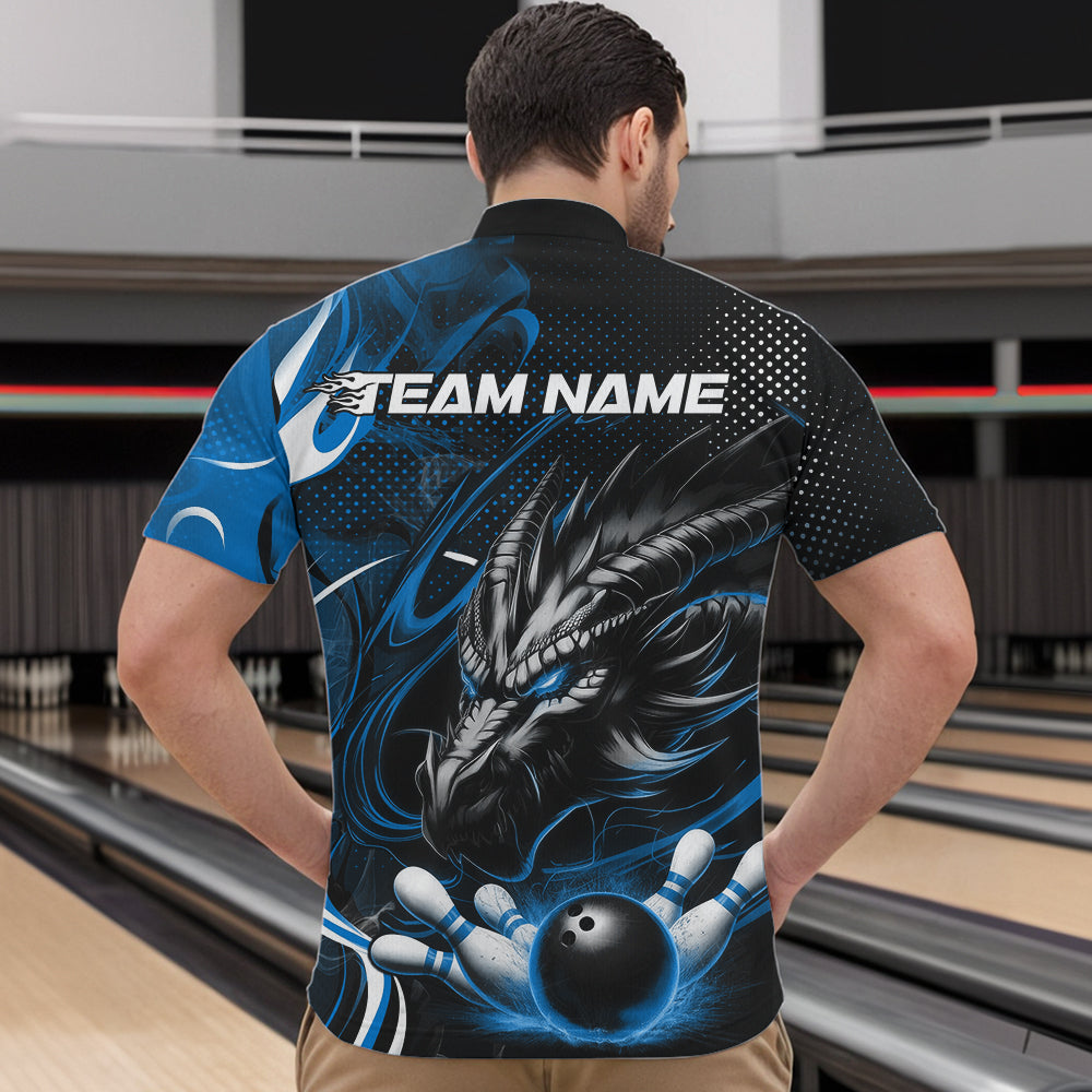 Custom Black And Blue Flame Dragon Bowling Jerseys, Dragon Bowling Team Men Quarter-Zip Shirts IPHW8920