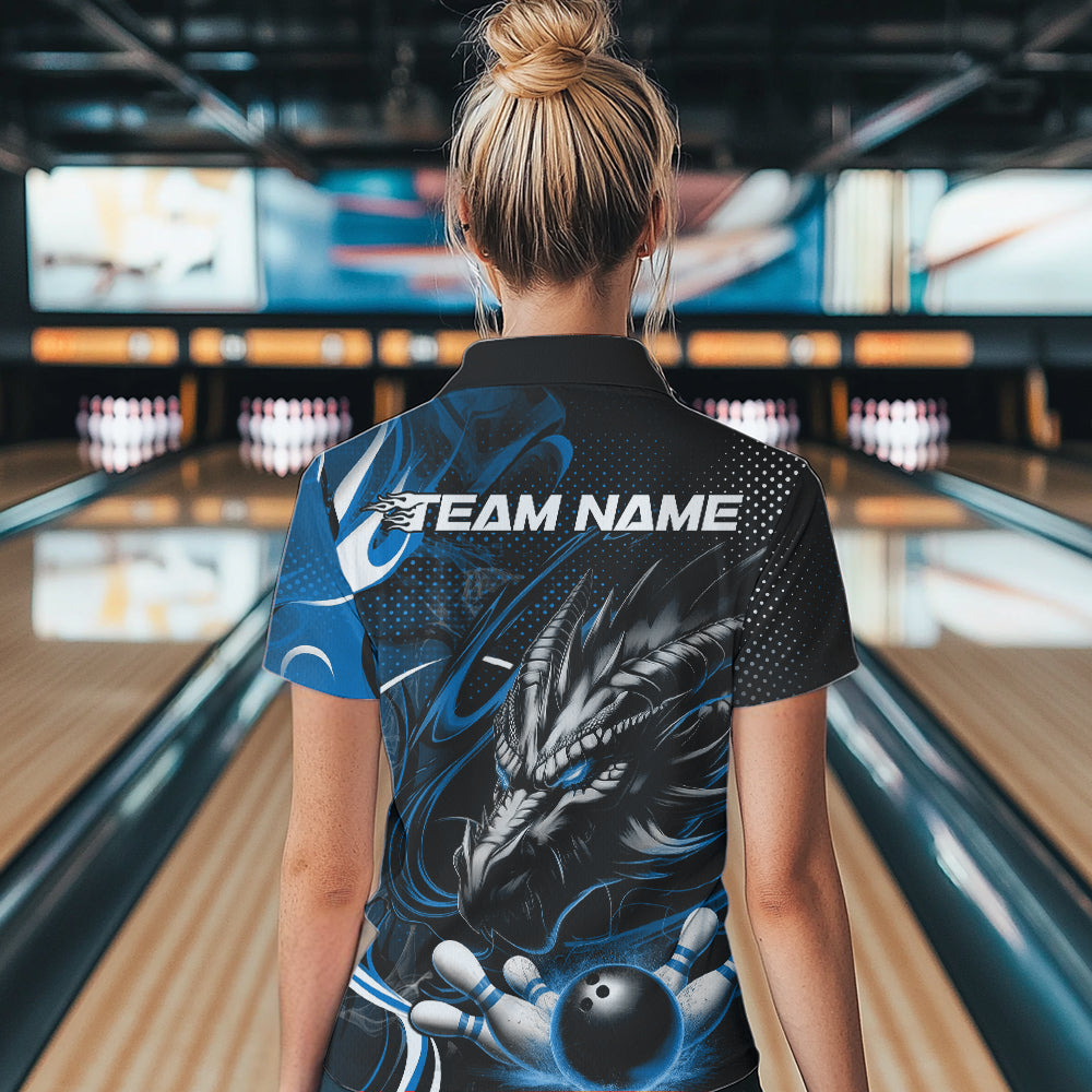 Custom Black And Blue Flame Dragon Bowling Jerseys, Dragon Bowling Women Quarter-Zip Shirts IPHW8920