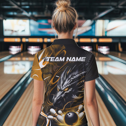 Custom Black And Yellow Flame Dragon Bowling Jerseys, Dragon Bowling Team Women Polo Shirts IPHW8921