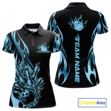 Load image into Gallery viewer, Custom Black And Blue Tribal Flame Women Bowling Polo Shirt, Bowling Tournament Shirt IPHW11287