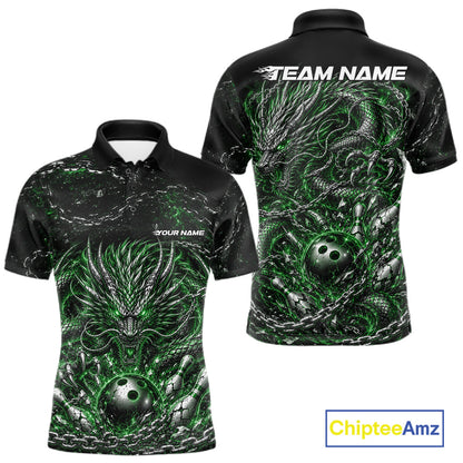 Custom black and green dragon bowling jersey with metal chain design for team tournament apparel