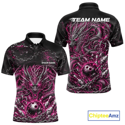 Custom black and pink dragon bowling jersey with metal chain design for team tournament apparel