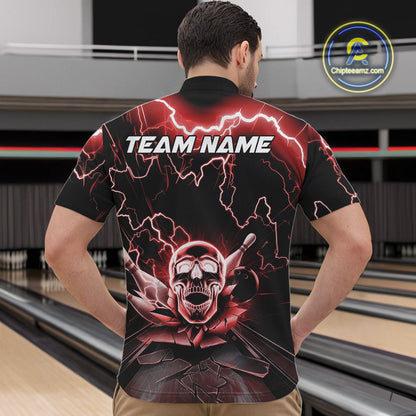 Custom Red Thunder Lightning Skull Bowling Quarter-Zip Team Shirts For Men, Halloween Outfit IPHW9498