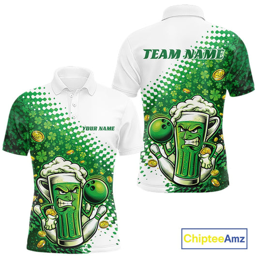 Custom Funny St Patricks Day Beer Bowling Team Shirts, Green Shamrock And Gold Coin Bowling Jerseys IPHW10521