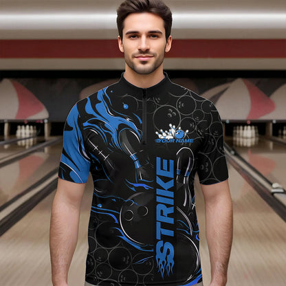 Custom Black And Blue Flame Strike Bowling Team Quarter-Zip Shirts For Men, Strike Bowling Jerseys IPHW8611