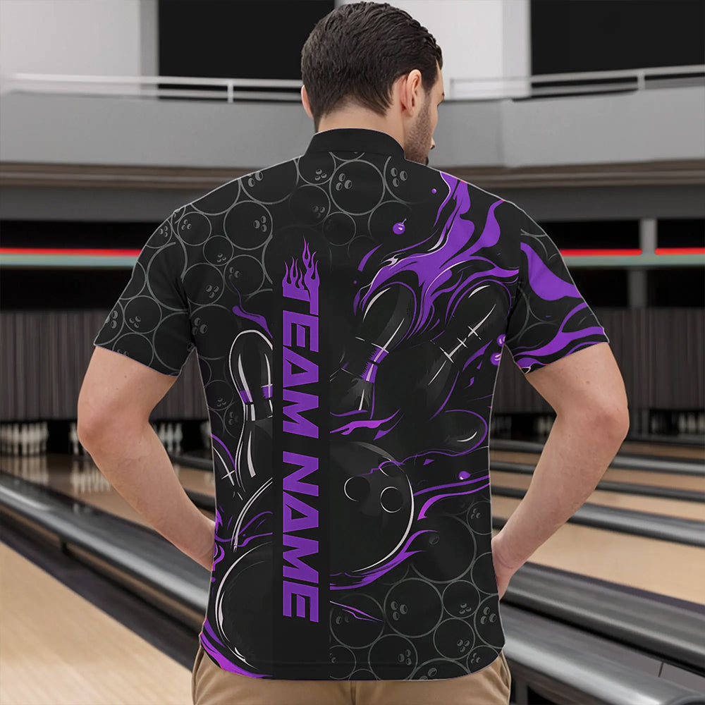 Custom Black And Purple Flame Strike Bowling Team Quarter-Zip Shirts For Men, Strike Bowling Jerseys IPHW8612