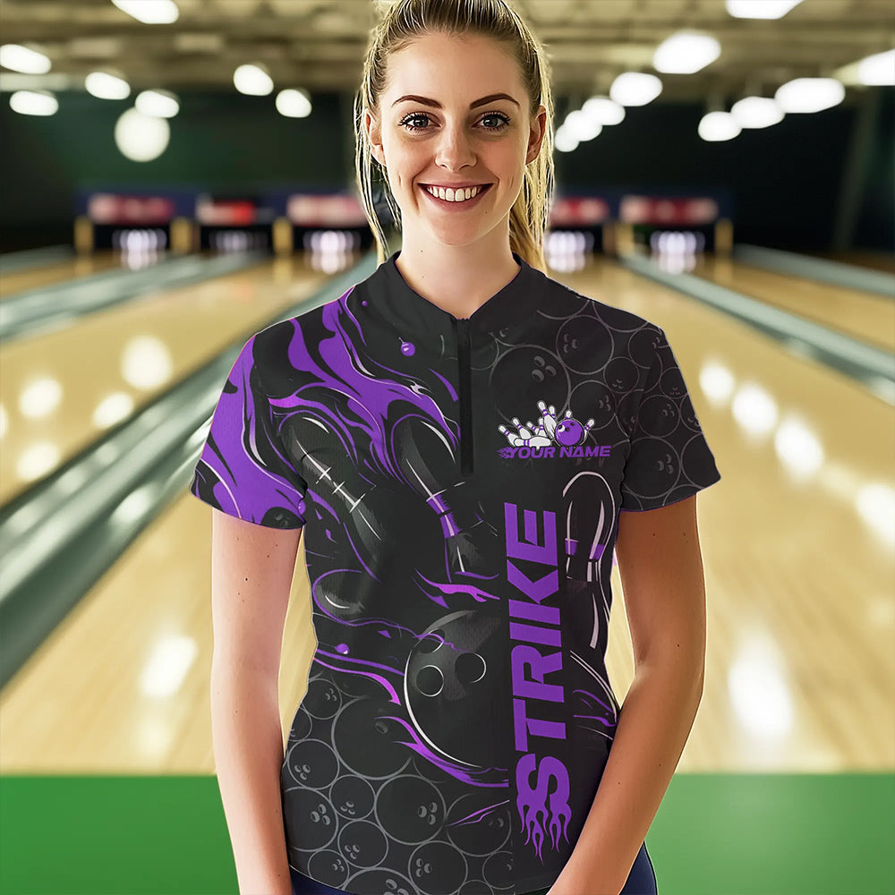 Custom Black And Purple Flame Strike Bowling Team Womens Quarter-Zip Shirt, Bowling Jerseys IPHW8612