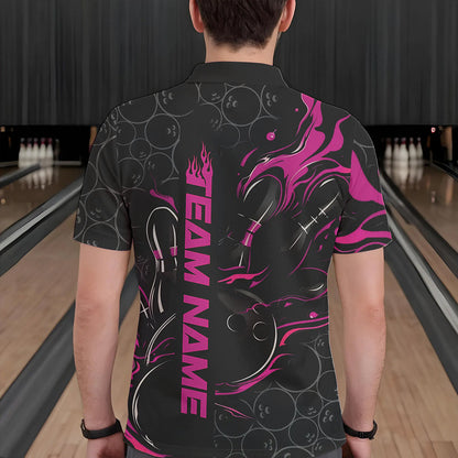 Custom Black And Pink Flame Strike Bowling Team Polo Shirts For Men, Strike Bowling Jerseys IPHW8613