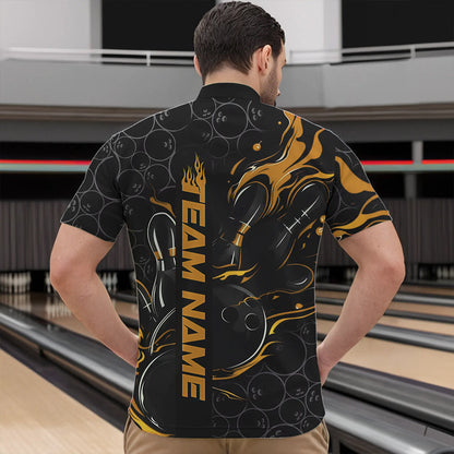 Custom Black And Gold Flame Strike Bowling Team Quarter-Zip Shirts For Men, Strike Bowling Jerseys IPHW8614