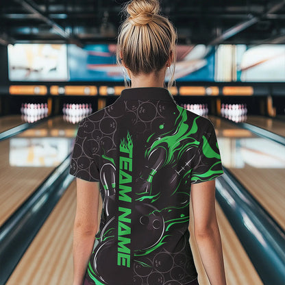 Custom Black And Green Flame Strike Bowling Team Womens Polo Shirts, Strike Bowling Jerseys IPHW8615