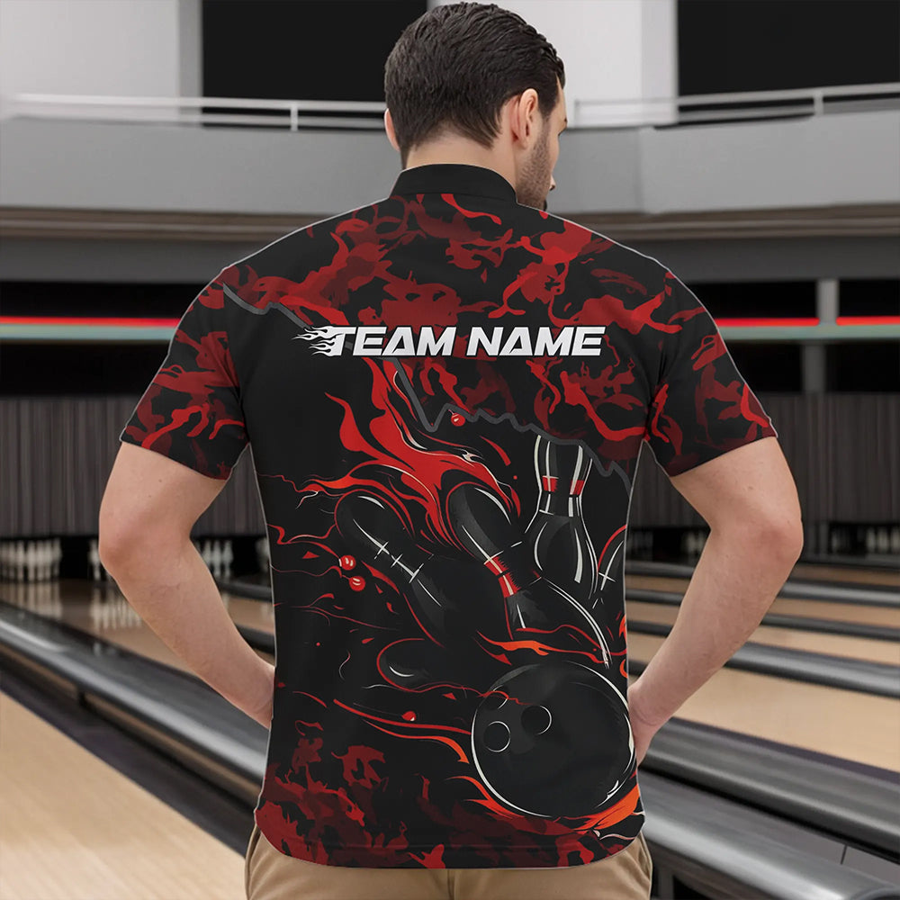 Custom Black And Red Camo Flame Bowling Team Quarter-Zip Shirts For Men, Bowling Tournament Shirt IPHW8622