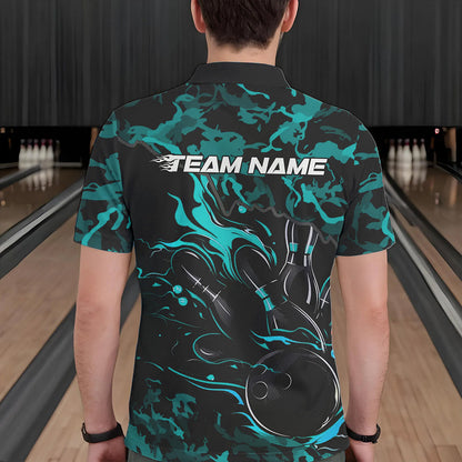Custom Black And Blue Camo Flame Bowling Team Polo Shirts For Men, Bowling Tournament Shirt IPHW8623