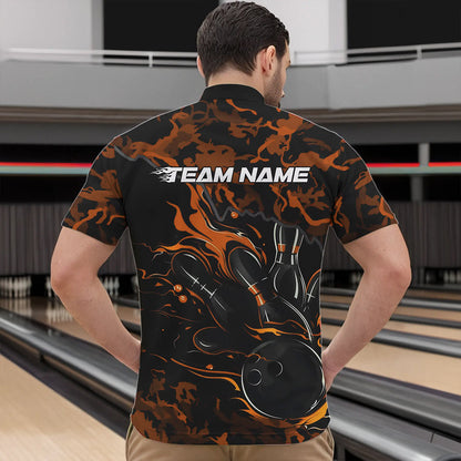 Custom Black And Orange Camo Flame Bowling Team Quarter-Zip Shirts For Men, Bowling Tournament Shirt IPHW8624