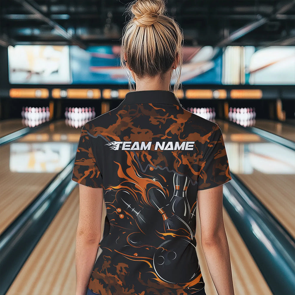 Custom Black And Orange Camo Flame Bowling Womens Quarter-Zip Shirt, Bowling Tournament IPHW8624