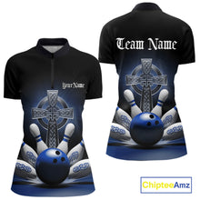 Load image into Gallery viewer, Custom Blue Celtic Cross Faith Bowling Quarter-Zip Team Shirts For Women, Bowlers Outfit IPHW11305