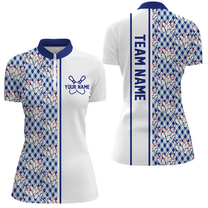 Blue Argyle Custom Bowling Polo Shirts For Women, Custom Bowling Uniforms IPHW6965