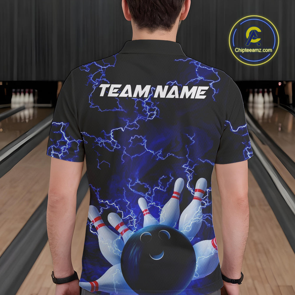Custom Electric Blue Thunder Lightning Men Bowling Polo Team Shirts, Bowling Jerseys IPHW9504