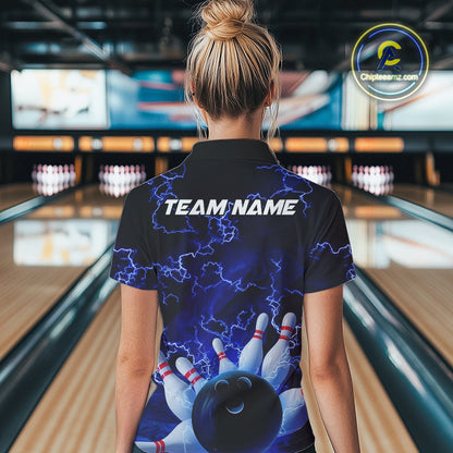 Custom Electric Blue Thunder Lightning Women Bowling Quarter-Zip Shirts, Bowling Jerseys IPHW9504