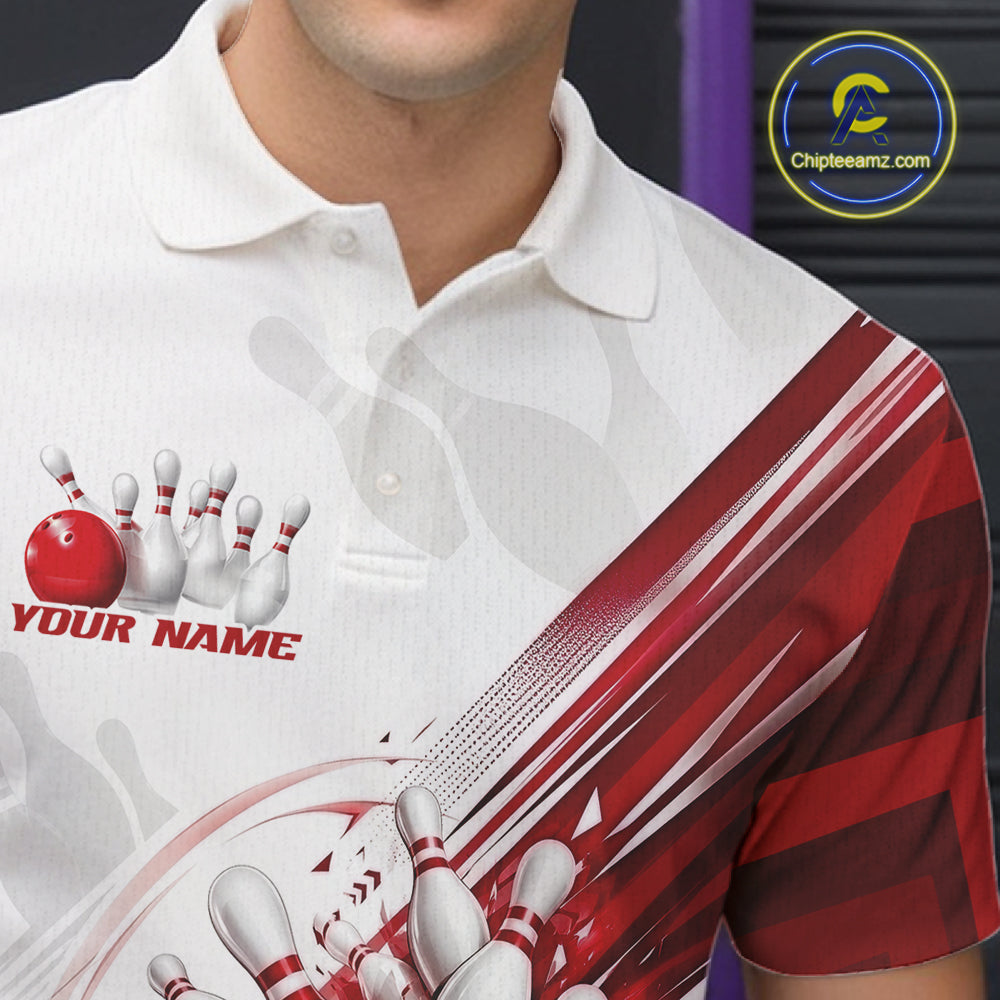 A close-up of a white polo shirt with bowling-themed graphics, including a red bowling ball, white bowling pins, and red-and-white diagonal stripes. The shirt has a placeholder text 'YOUR NAME'