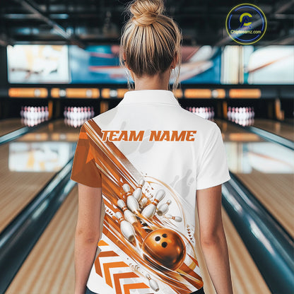 A woman viewed from behind wearing a white short-sleeve bowling-themed polo shirt with a large orange and brown graphic print on the back. The shirt features the text 'TEAM NAME' and a design with bowling pins, balls, and bowling alley lanes in the background.