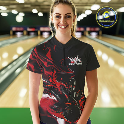 Custom Black And Red Camo Flame Bowling Team Women Quarter-Zip Shirts, Bowling Jerseys IPHW9877