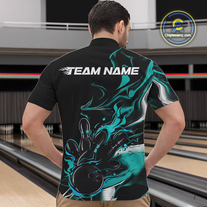 Custom Black And Turquoise Blue Camo Flame Bowling Team Men Quarter-Zip Shirts, Bowling Jerseys IPHW9878