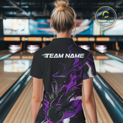 Custom Black And Purple Camo Flame Bowling Team Women Quarter-Zip Shirts, Bowling Jerseys IPHW9879