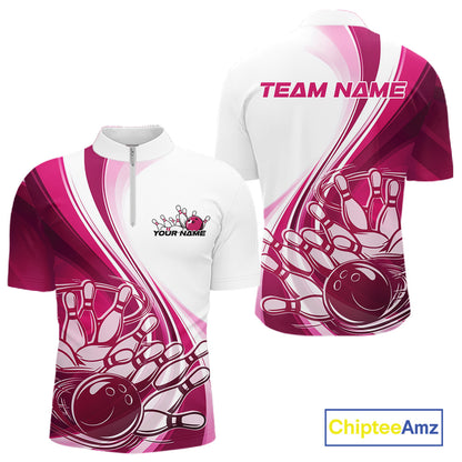 Front and back view of a mens bowling quarter zip shirt mockup in white and pink, featuring a dynamic curved bowling ball crashing into pins design.