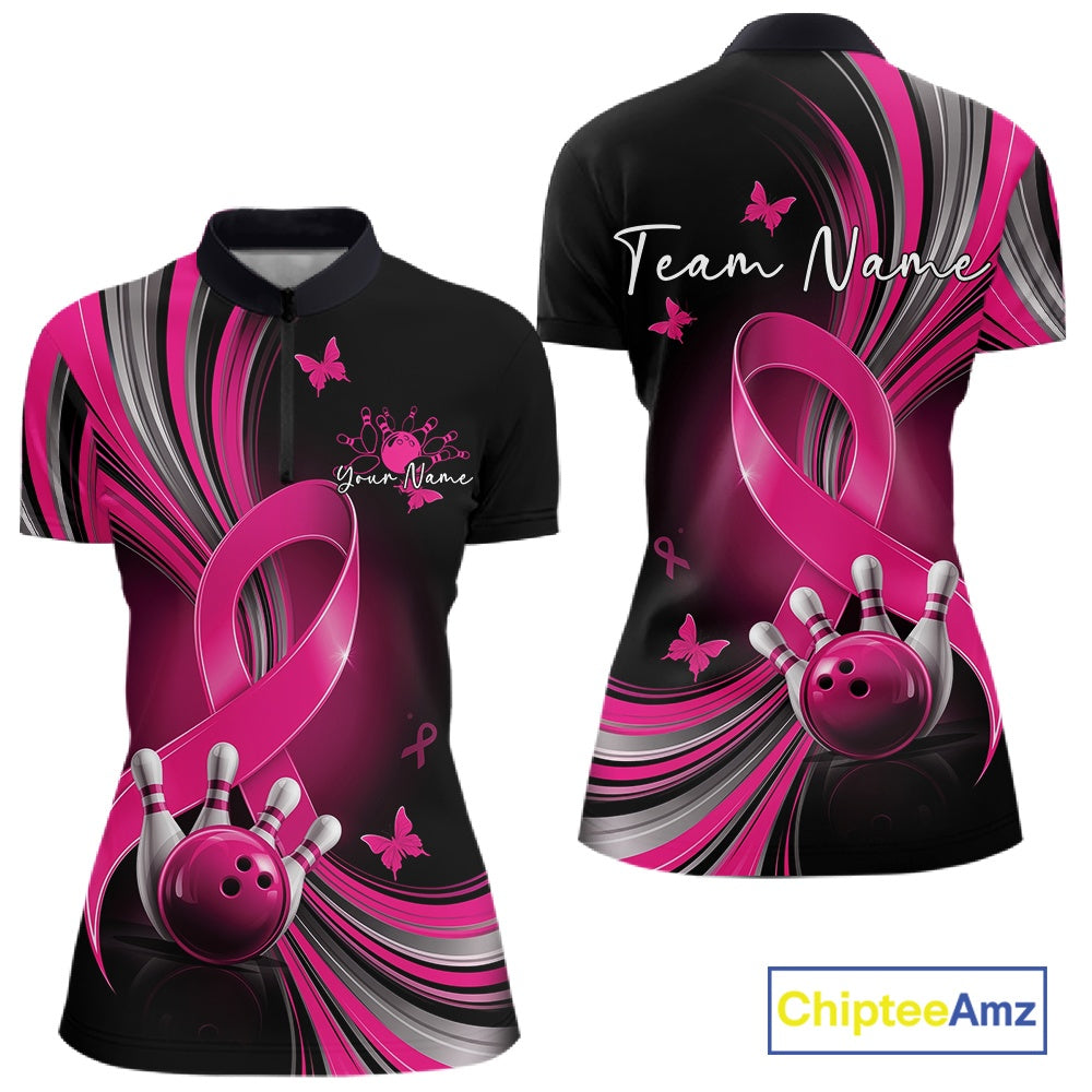Front and back mockup of a women's black and pink bowling quarter zip featuring breast cancer awareness ribbons, small butterflies, and bowling graphics