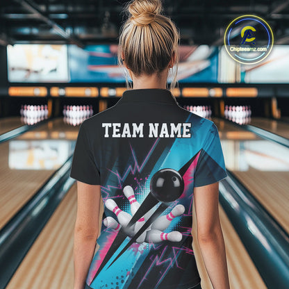 Custom Blue Pink Synthwave Style Bowling Women Quarter-Zip Shirt, Bowling League Shirt IPHW9514