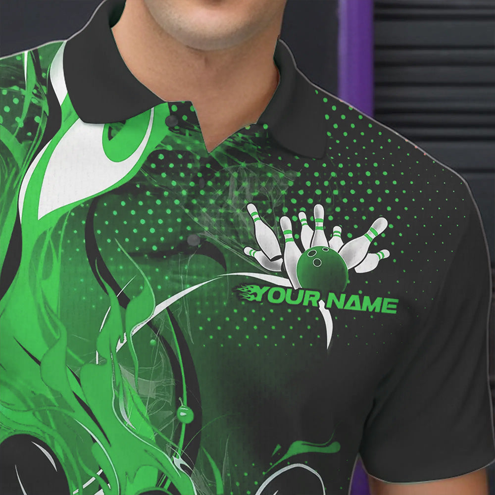Black And Green Custom Flame Bowling Polo Shirts For Men, Fire Bowling League Team Shirt IPHW8632