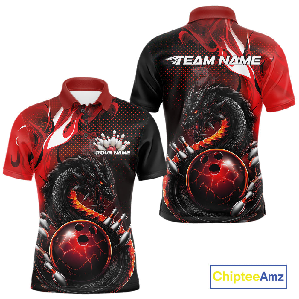 Custom Black And Red Dragon Bowling Jerseys, Dragon Bowling Team Men Polo Shirt IPHW10267