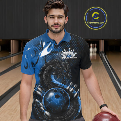 Custom Black And Blue Dragon Bowling Jerseys, Dragon Bowling Team Men Polo Shirt IPHW10268