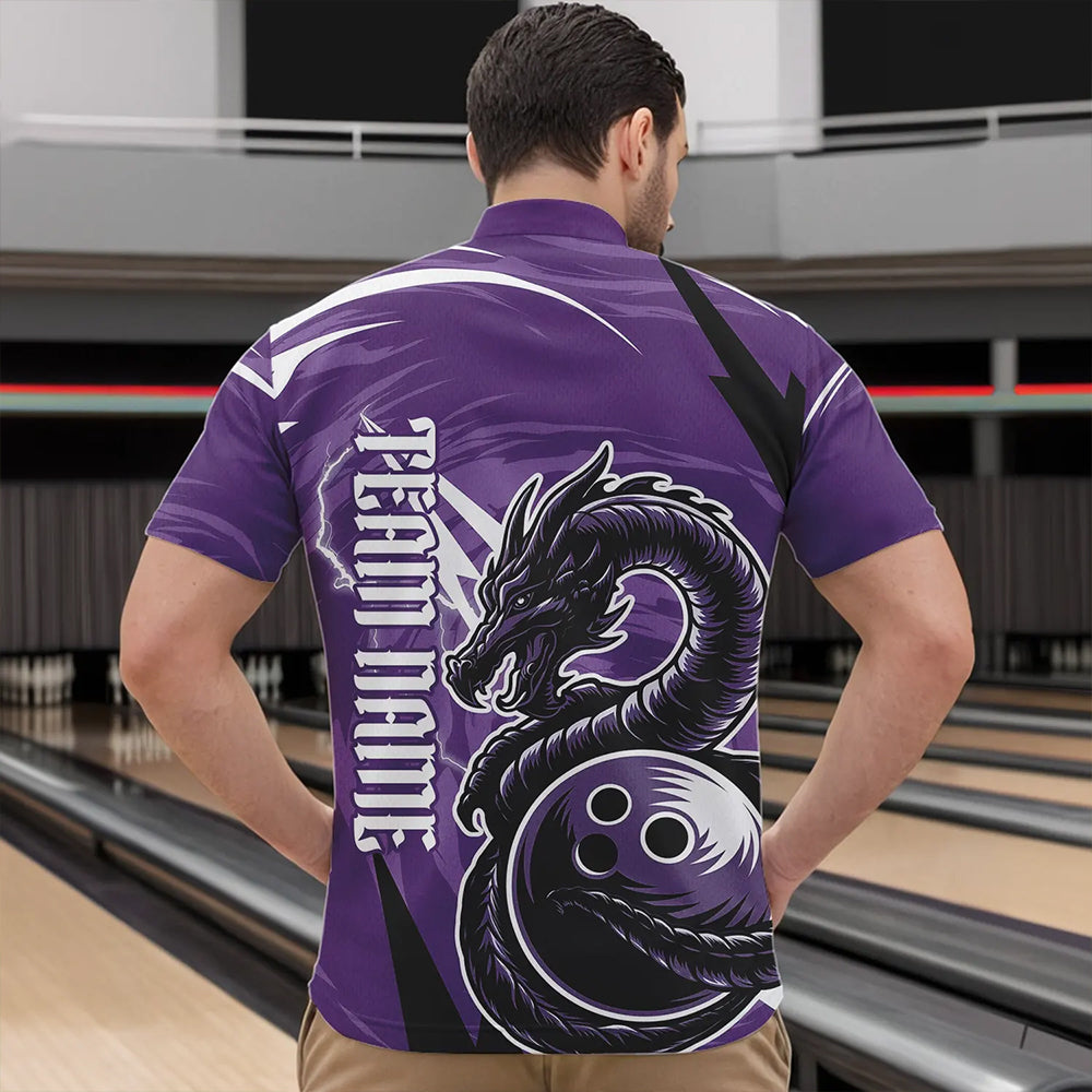 Custom Black And Purple Thunder Lightning Dragon Bowling Jerseys Bowling Quarter-Zip Shirts For Men IPHW8659