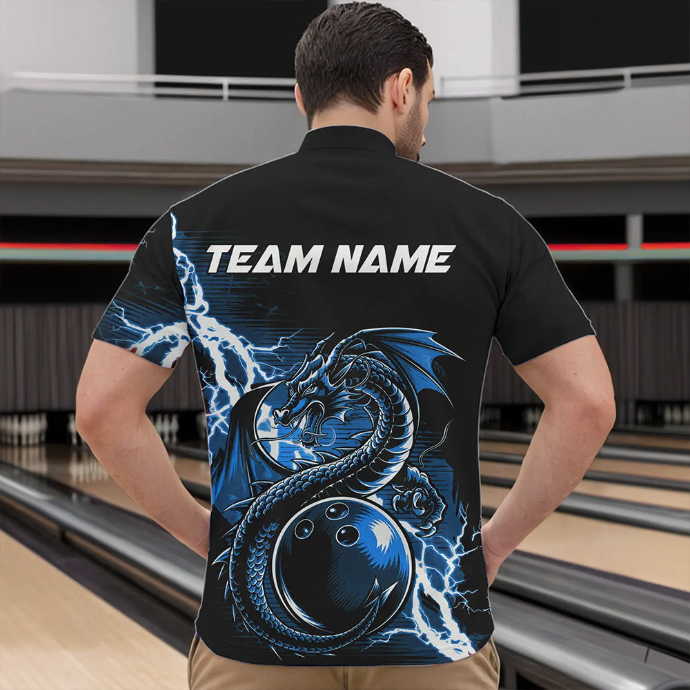 Custom Black And Blue Thunder Lightning Dragon Bowling Quarter-Zip Shirts For Men, Bowlers Outfits IPHW8663
